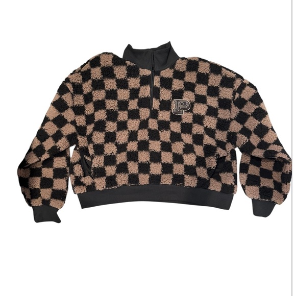 PINK Victoria's Secret Iced Coffee Checkered Half Zip Sherpa Size L  NWT - Picture 1 of 6